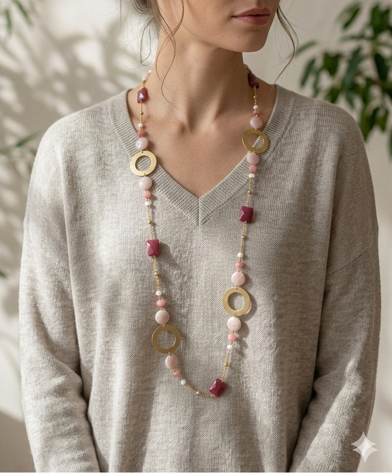 Collana lunga in acciaio, con cerchi in ottone e pietre di morganite, agata bianca e radice di rubino indossata