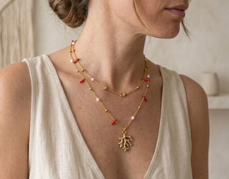 collana lunga in acciaio e ottone con corallo bambù e perle indossata corta