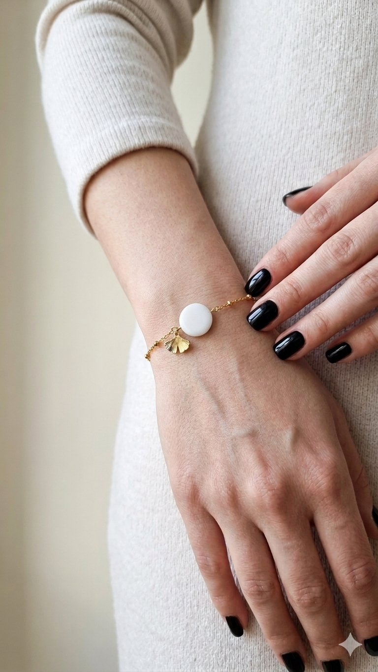bracciale in acciaio con pietre dure e ciondolo a foglia di ginkgo biloba indossato