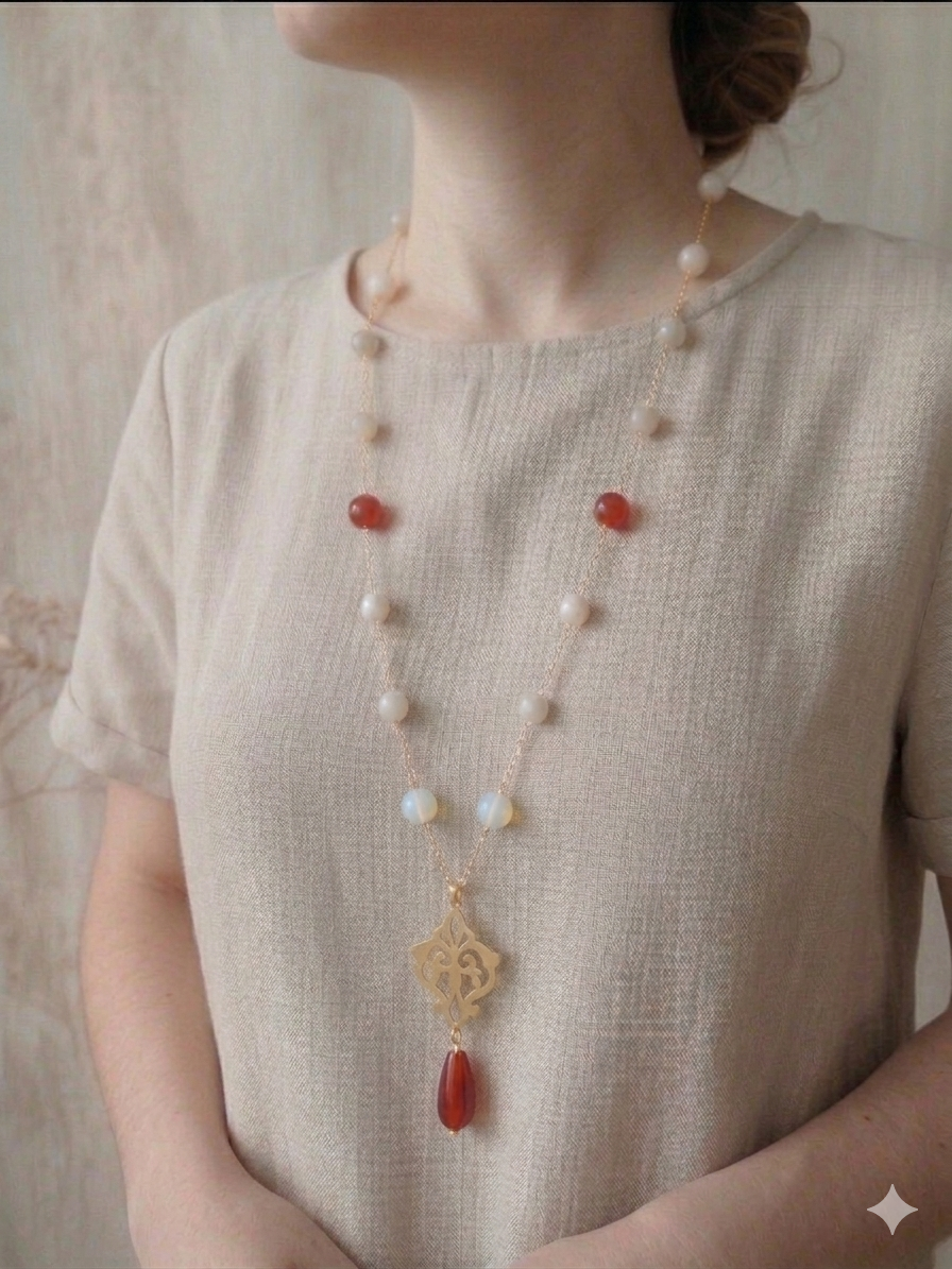collana arabescata lunga, con catena in acciaio, ciondolo in ottone e pietre due naturali, fatta a mano indossata