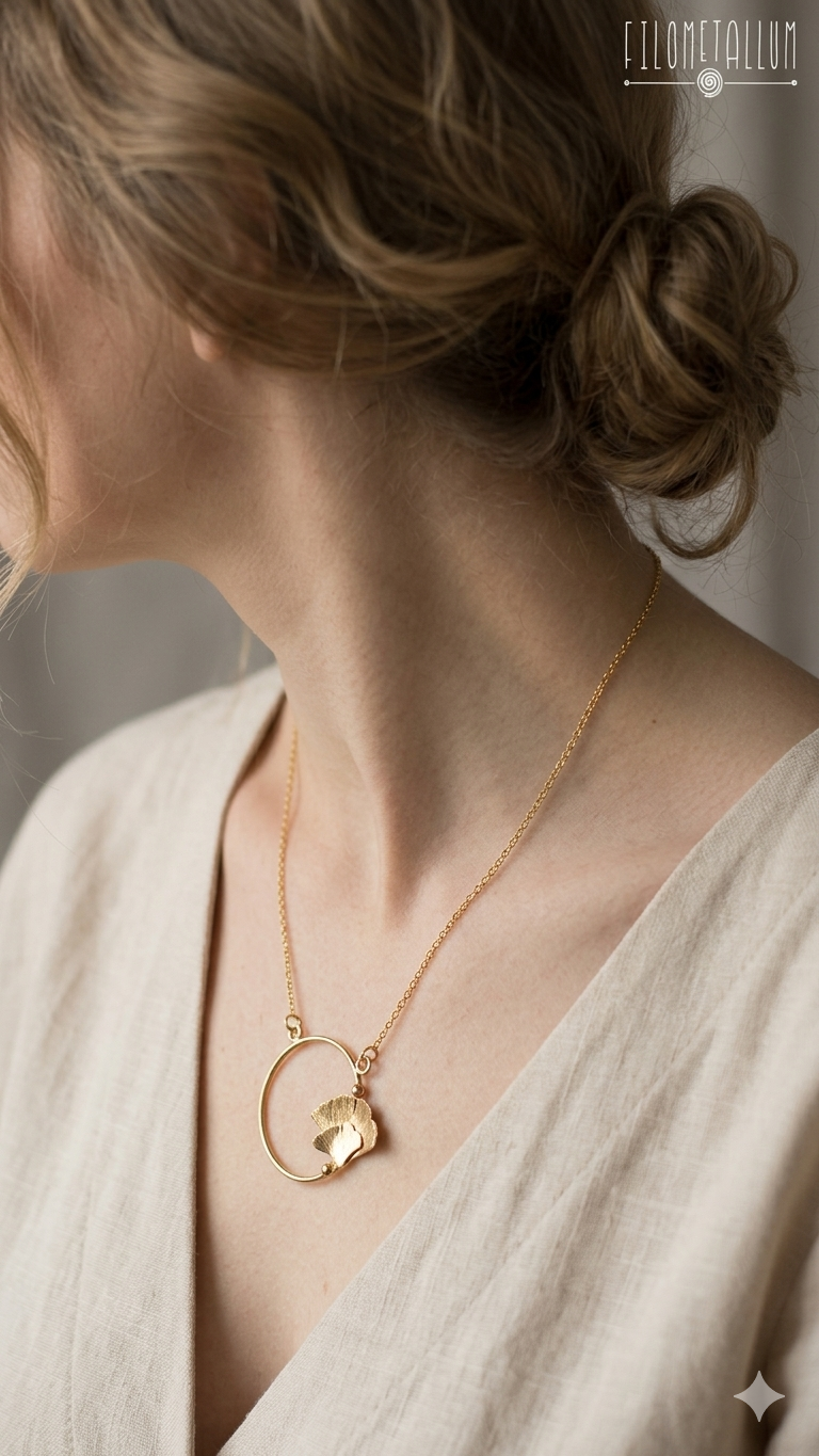 collana corta, con ciondolo in ottone a foglie di gingo biloba, fatta a mano indossata