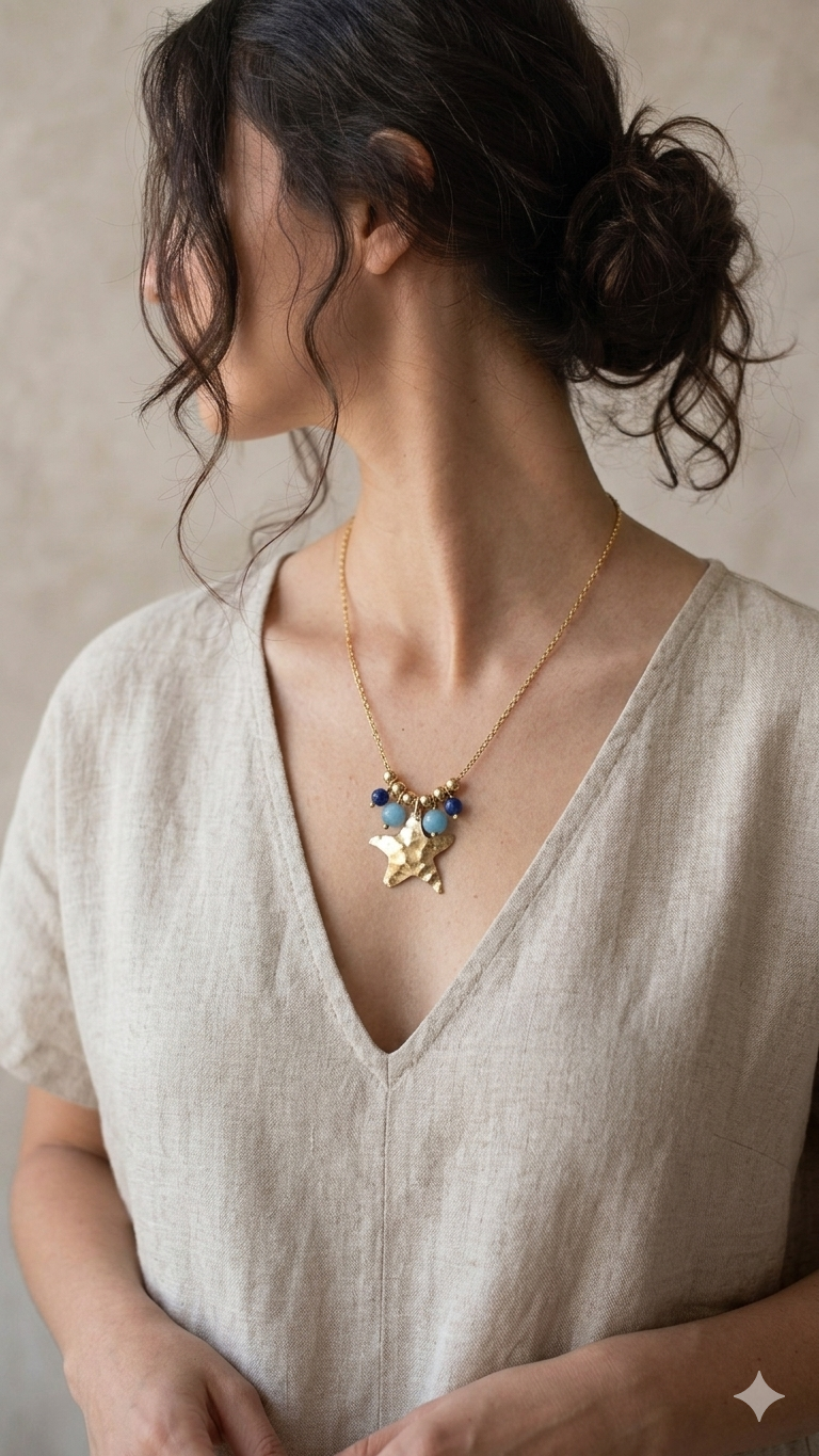 collana corta con stella marina in ottone e pietre blu e azzurre indossata
