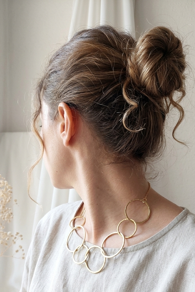 collana girocollo con cerchi asimmetrici in ottone, fatta a mano indossata