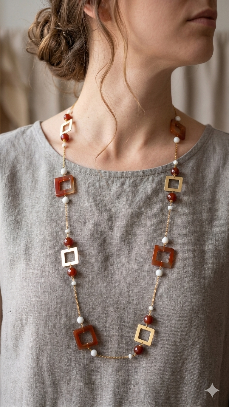 collana lunga con catena in acciaio, inserti metallici in ottone e pietre di agata rossa e corniola indossata