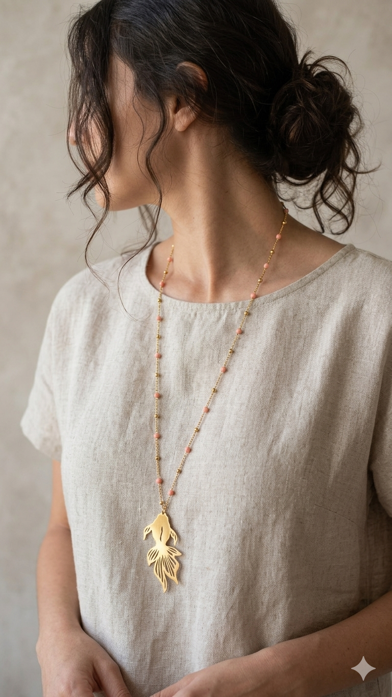 collana lunga con pesce e pietre di corallo rosa indossata
