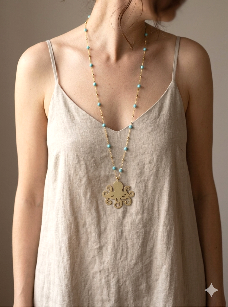 collana lunga con polipo e pietre azzurre indossata