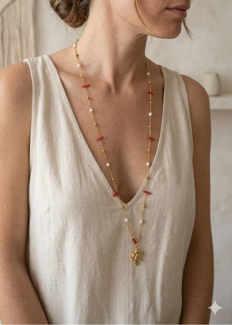 collana lunga in acciaio e ottone con corallo bambù e perle indossata lunga