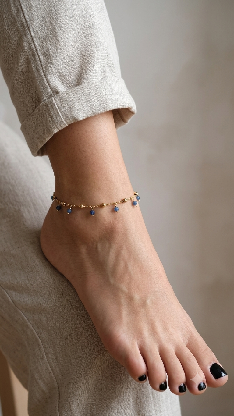 modella che indossa cavigliera dorata in acciaio dorato con pietre blu