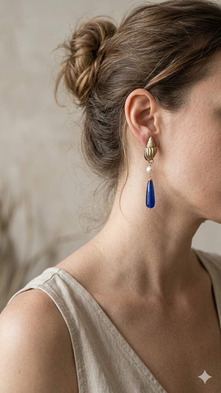 orecchini a lobo in ottone a forma di conchiglia con perle e giada blu indossati
