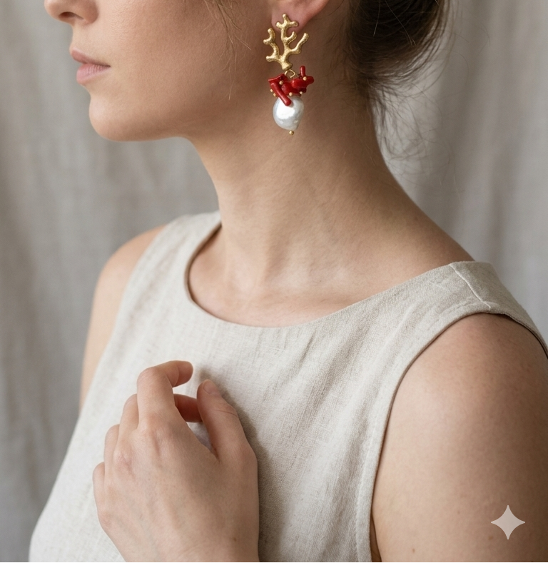 orecchini in ottone a forma di corallo con perle di fiume e scaglie corallo bambù indossati